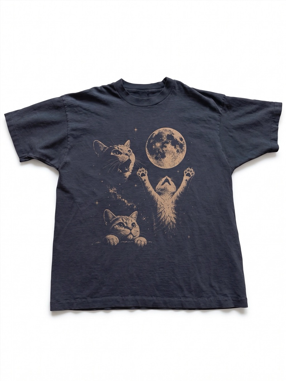 Celestial Three Cats Full Moon Cute Vintage Style Black T-Shirt